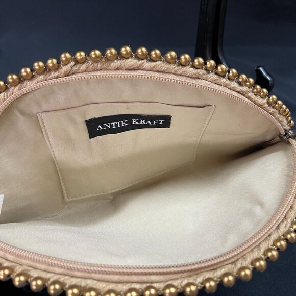 Antik Kraft Jute Clutch Natural Material Zip Up Half Circle Purse Bag - Picture 6 of 8